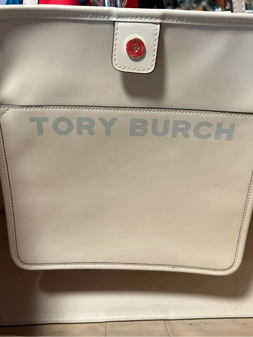 Tory Burch Cream and Light Blue Printed Canvas Stripe Tote